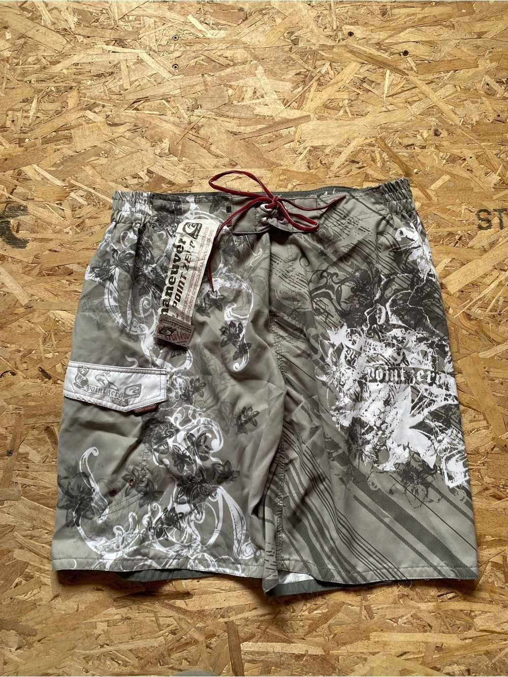 Point Zero Y2K Gray Graphic Swim Board Shorts with Red Drawcord